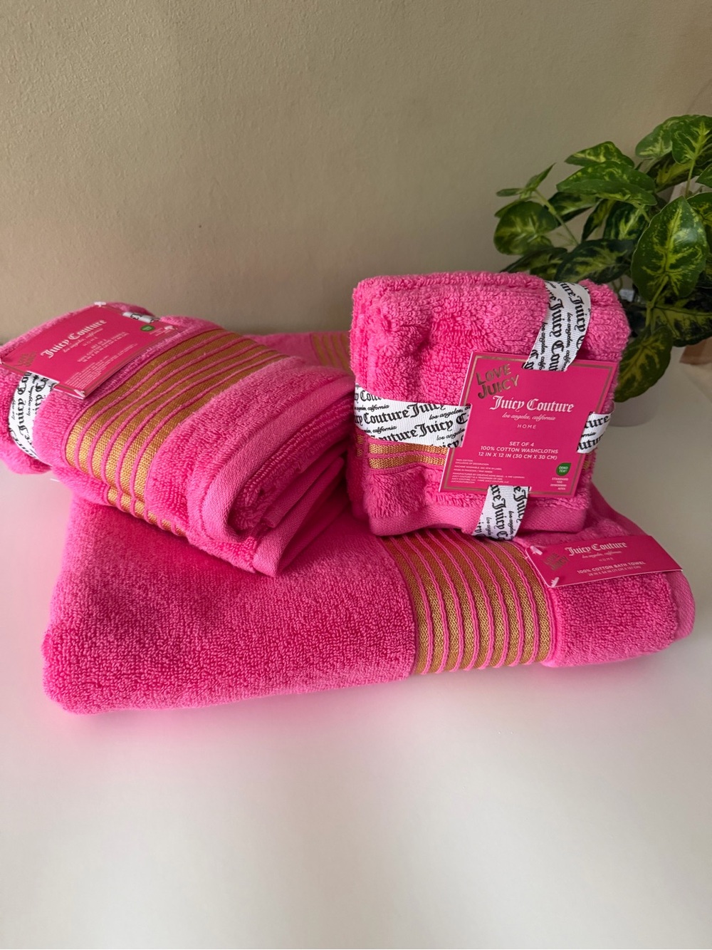 Juicy Couture  Pink Towel bundle with Gold Accent Stripes. NWT